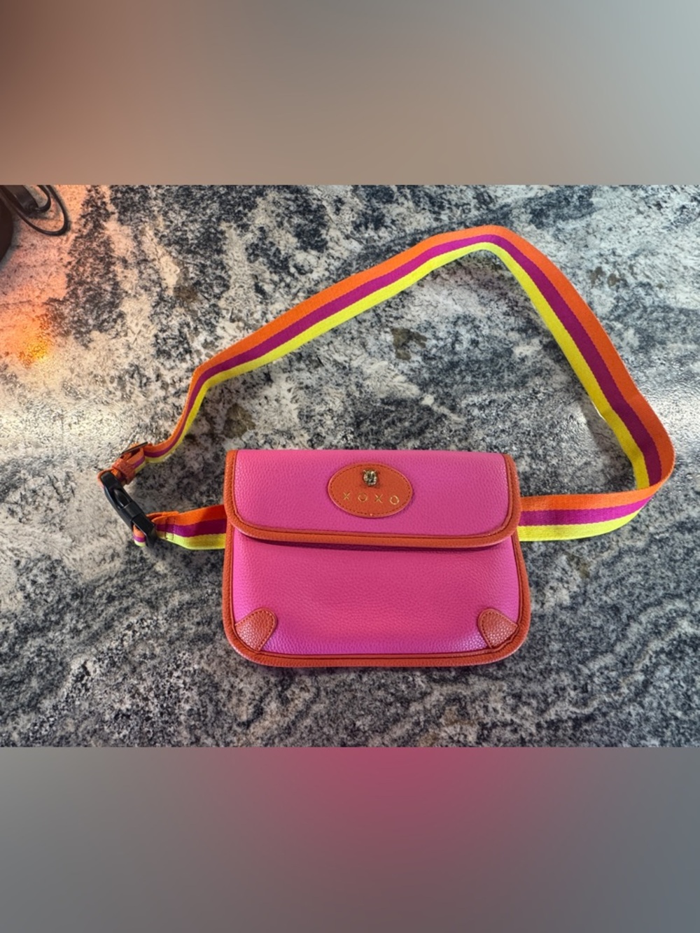 XOXO Hot Pink Crossbody Bag with Orange Trim and Multicolor Strap